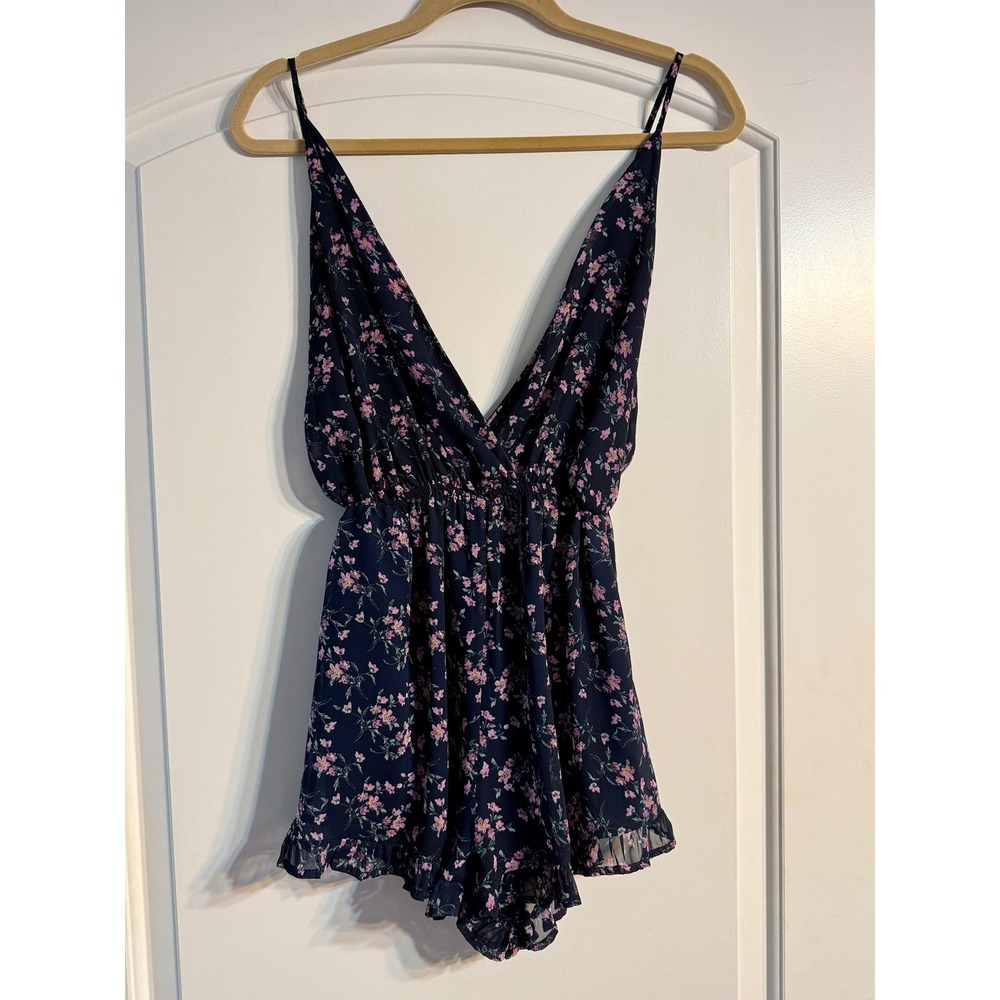 Audrey 3+1 Floral Romantic Romper Women Size M Navy Blue‎ Boho Ruffle V-Neck